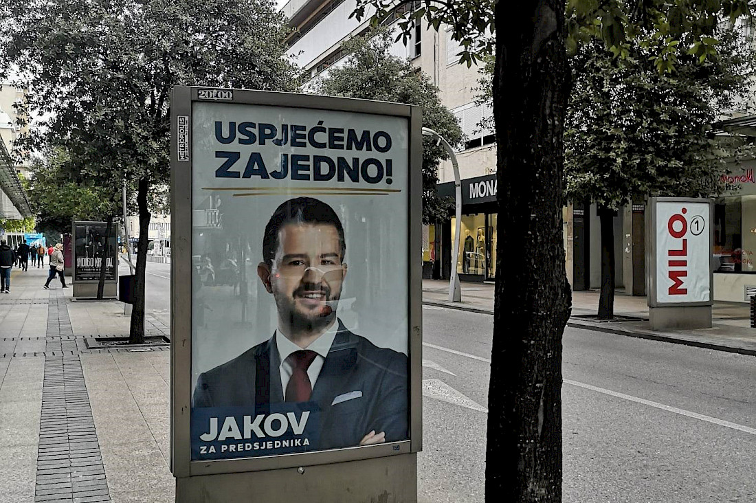 Election posters of the presidential candidates before the run-off election (l. Jakov Milatović, r. Milo Đukanović) in Podgorica © Megan Nagel, 2023