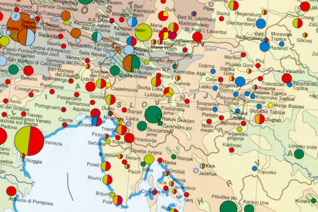 Section of the map “International Tourism Attractions in Central and Southeastern Europe” (symbol size by attraction factors, not by overnights or arrivals) in the Atlas of Eastern and Southeastern Europe edited by Peter JORDAN and co-authored by Zlatko PEPEONIK