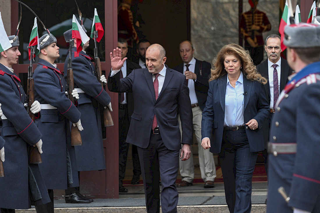 Outgoing President Rumen Radev and the new acting President Iliana Iotova leaving the presidential building in January 2026. Anton Chalakov/Shutterstock